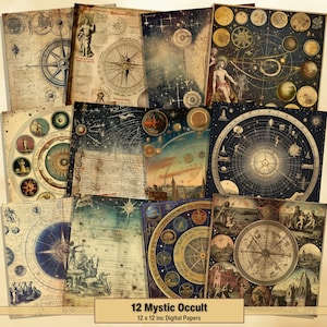 Printable Mystic Occult Digital Papers, Vintage Pages, Background, Astronomy Ephemera, Download Junk Journal, Scrapbooking, Card Making