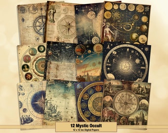 Printable Mystic Occult Digital Papers, Vintage Pages, Background, Astronomy Ephemera, Download Junk Journal, Scrapbooking, Card Making