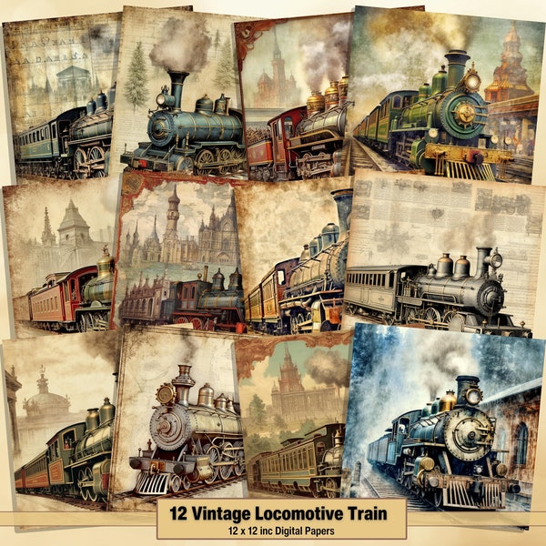 Printable Locomotive Train Digital Paper, Travel Pages, Train Background, Vintage Ephemera, Download Junk Journal, Scrapbooking, Card Making