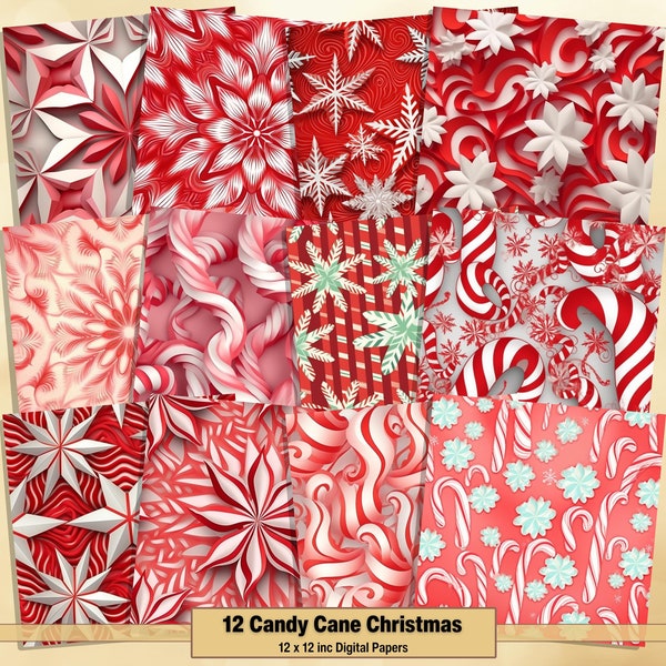 Printable Candy Cane Christmas Digital Papers, Xmas Pages, Snowflake Background, Ephemera, Download Junk Journal, Scrapbooking, Card Making