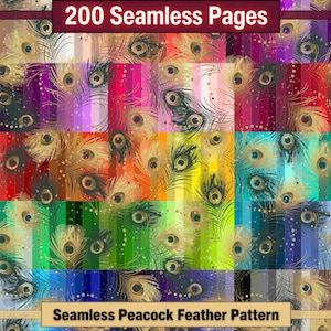 Printable 200 Seamless Peacock Feather Pattern Digital Papers, Peacock Colour Pages, Collage Paper Pack, Download Junk Journal, Scrapbooking