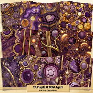 May include: Twelve digital papers featuring purple and gold agate patterns. The papers are 12 inches by 12 inches.