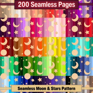 Printable 200 Seamless Moon & Stars Pattern Digital Papers, Sky Rainbow Color Pages, Collage Paper Pack, Download Junk Journal, Scrapbooking