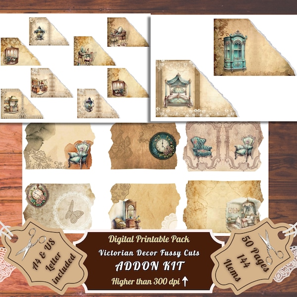 Printable Victorian Decor Junk Journal Pages and Fussy Cuts Kit, Vintage Paper, Ephemera, Digital Download, Scrapbooking, Card Making