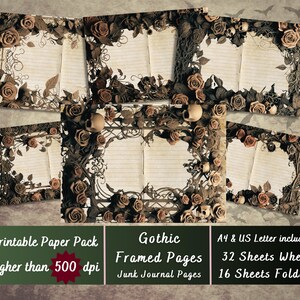 Printable Gothic Roses Digital Paper, Skull Framed Ephemera, Grimoire Pages, Dark Academia Download Junk Journal, Scrapbooking, Card Making