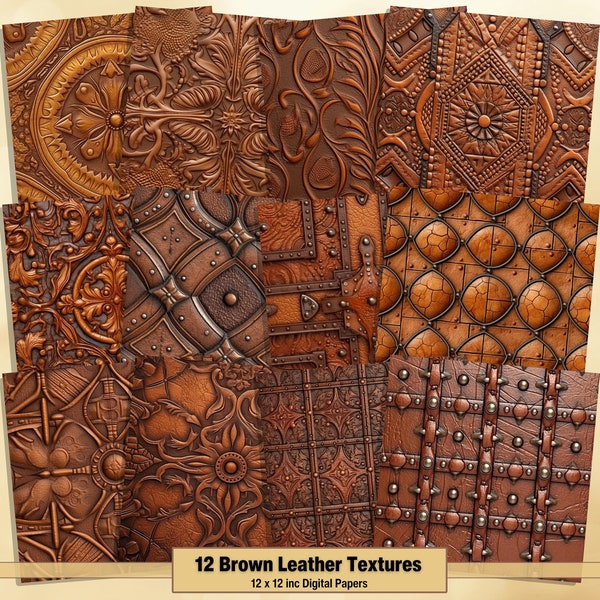 Printable Brown Leather Textures Digital Papers, Tooled Leather Page, Background, Ephemera, Download Junk Journal, Scrapbooking, Card Making