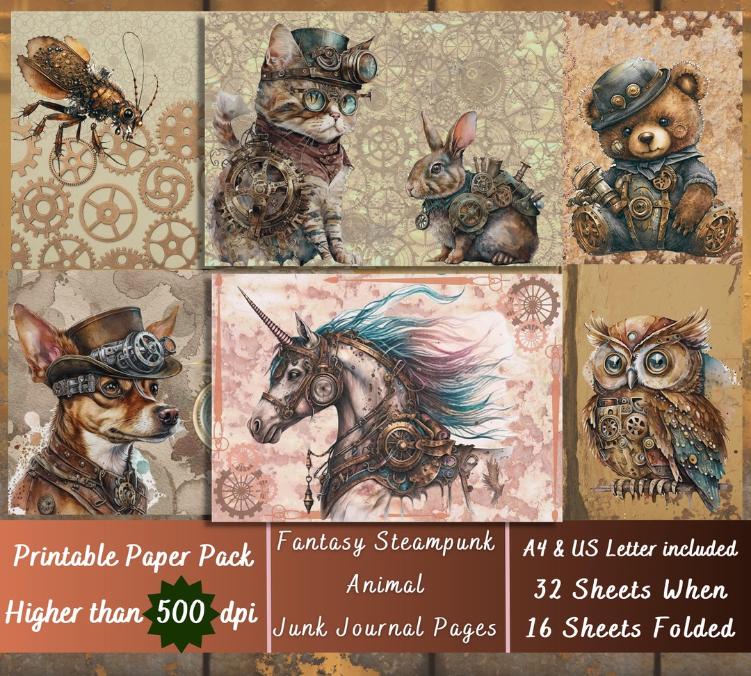 Printable Steampunk Animals Digital Paper, Vintage Ephemera, Fantasy ...