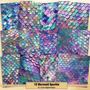 Printable Mermaid Sparkle Digital Papers, Mermaid Scale Page, Glitter Background, Ephemera, Download Junk Journal, Scrapbooking, Card Making
