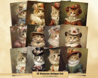 Puede incluir: Una colección de 12 papeles digitales con retratos de gatos victorianos antiguos. Cada gato está vestido con ropa de época, con sombreros y cuellos, con una estética vintage. El texto en la parte inferior dice "12 Victorian Antique Cat" y "12 x 12 inc Digital Papers".