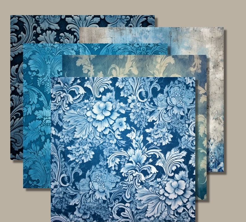 Printable Victorian Blue Damask Junk Journal Pages Kit, Vintage Floral ...
