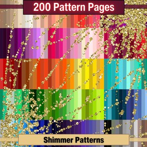 Op de afbeelding: 200 kleurrijke digitale papierpatronen met een gouden glitteroverlay. De patronen zijn gerangschikt in een raster en bevatten een verscheidenheid aan kleuren, waaronder rood, oranje, geel, groen, blauw, paars en roze. De gouden glitteroverlay voegt een vleugje glans en schittering toe aan de patronen.