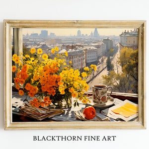 Coffee Painting Window View Art Kitchen Art Yellow Flowers Painting Cityscape Print Floral Orange Poster Custom Sizes Printable Download