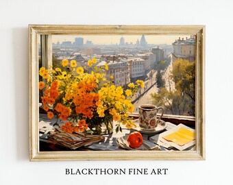 Café peinture fenêtre vue Art cuisine Art fleurs jaunes peinture paysage urbain imprimé Floral Orange affiche tailles personnalisées téléchargement imprimable