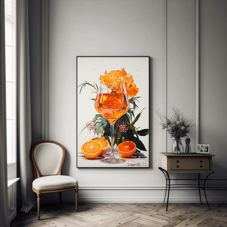 May include: A painting of a glass of orange juice with orange slices and orange blossoms. The painting is signed "Sparkle" in the bottom right corner.