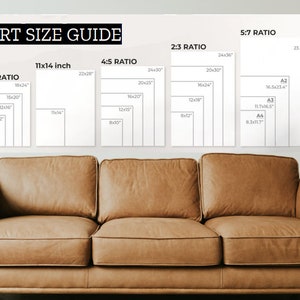 May include: A wall art size guide with different aspect ratios and measurements in inches. The guide shows the dimensions of various sizes of wall art, including 3:4, 4:5, 2:3, and 5:7 ratios. The guide also includes standard paper sizes like A1, A2, A3, and A4.