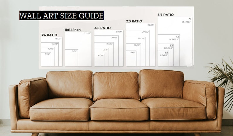 May include: A wall art size guide with different aspect ratios and measurements in inches. The guide shows the dimensions of various sizes of wall art, including 3:4, 4:5, 2:3, and 5:7 ratios. The guide also includes standard paper sizes like A1, A2, A3, and A4.