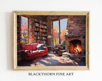 Cheminée confortable, peinture, bibliothèque, impression d'automne, décoration de salon, impression chaude, art mural, plusieurs tailles, cadeau de pendaison de crémaillère d'hiver, imprimable