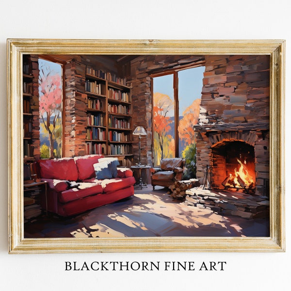 Cozy Fireplace Painting Library Art Autumn Print Living Room Decor Warm Print Wall Art Multiple Sizes Printable Winter Housewarming Gift