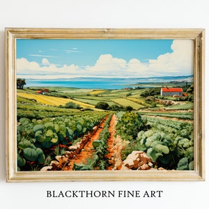 English Countryside Print Watercolour Cabbage Fields Art Farmhouse Decor Coastal Poster Landscape Art Kitchen Decor Wall Painting