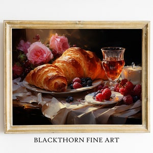 Croissant Painting Breakfast Art Kitchen Print Fruit Painting Dining Art Wine Print Rose Poster Brunch Printable Download Berries Art