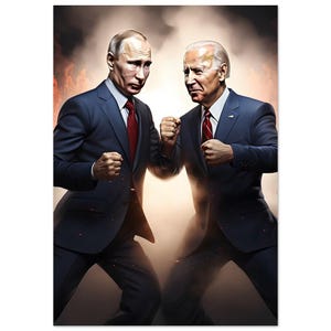 Poetin-posters, politieke karikatuur, illustratie in beide stijlen (ingelijst op hout, halfmat FSC-papier, 30 x 45 cm)