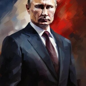 Puede incluir: Retrato artístico de un hombre con traje oscuro y corbata burdeos. El fondo presenta pinceladas rojas, blancas y azules, sugiriendo una bandera. El sujeto tiene una expresión seria.