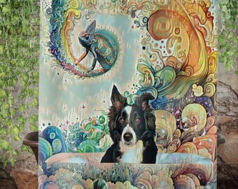 Może przedstawiać: Kolorowa zasłona prysznicowa z czarno-białym border collie, niebieskim kameleonem i wirującym, abstrakcyjnym wzorem.