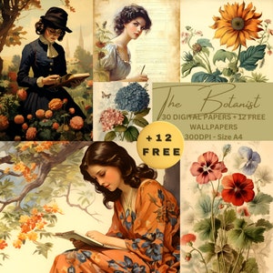 30 Botany Journal Pages plus 12 kostenloses Vintage floral illustriertes Hintergrundpapier für Scrapbooking, Kartenherstellung und DIY-Projekte