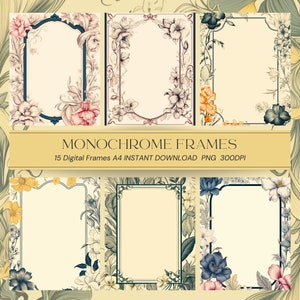 May include: Set of 15 digital floral frames in monochrome colors. The frames are in a vintage style with ornate details and feature various floral designs. The frames are perfect for adding a touch of elegance to your projects.