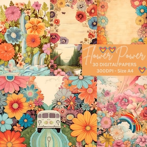 Páginas de diário digital Flower Power vintage dos anos 60 - Caravanas retrô e designs modernos - Conjunto de 30