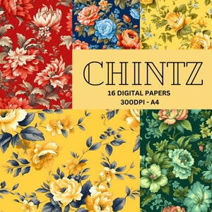 May include: A digital paper pack with 16 floral patterns in various colors, including red, blue, yellow, and green. The patterns feature a variety of flowers, including roses, peonies, and daisies. The text "CHINTZ 16 DIGITAL PAPERS 300DPI - A4" is displayed in the center of the image.