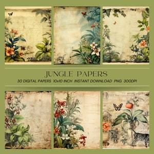 May include: A set of 30 digital papers featuring jungle-themed illustrations. The papers are 10x10 inches and 300dpi. The designs include tropical plants, flowers, and animals.