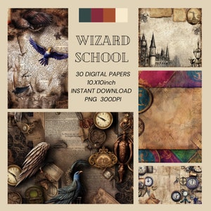 30 Zauberer Schule digitale Papiere für Junk Journal Hexe Ephemera Bastelset für Scrapbook Hintergrundpapiere im Vintage Stil Drehbuch schreiben