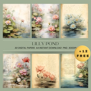 30 páginas de diário vintage Lily Pond - álbum de recortes florais de papel envelhecido download digital - papéis de arte inspirados na natureza - diário botânico