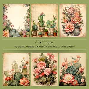 Puede incluir: Un conjunto de 30 papeles digitales con ilustraciones vintage de cactus y suculentas. Los papeles están en una paleta de colores cálidos con tonos de verde, rosa y marrón. Los papeles son perfectos para scrapbooking, creación de tarjetas y otros proyectos de manualidades.
