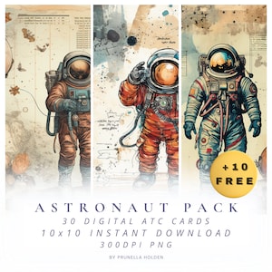 30 documenti digitali a tema spaziale vintage più 10 illustrazioni ATC gratuite per progetti artistici e disegni di sfondi di artigianato spazzatura.