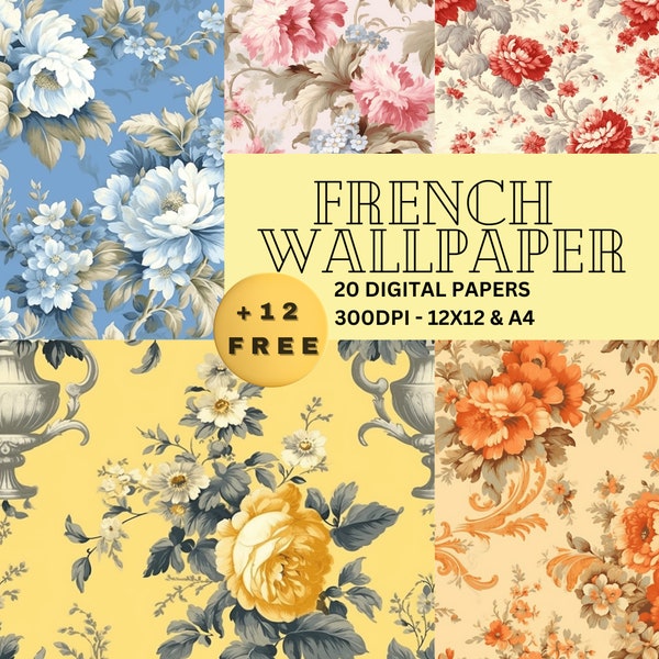 French Wallpaper Digital Prints: Elegant Handmade Designs in Pale Blue, Yellow, Red, and Pink | A4 and 12x12 Sizes | Instant Download