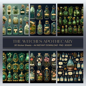 30 Potion bottle Stickers from the Witch&#39;s Apothecary for Junk journal witch ephemera craft kit for scrapbooking in Vintage style