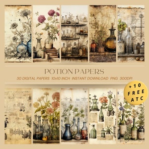 May include: A digital paper pack with 30 vintage-style potion bottle designs. The papers are 10 inches by 10 inches and are 300 DPI. The papers feature a variety of colors, including brown, green, blue, and red. The papers are perfect for scrapbooking, card making, and other crafting projects.