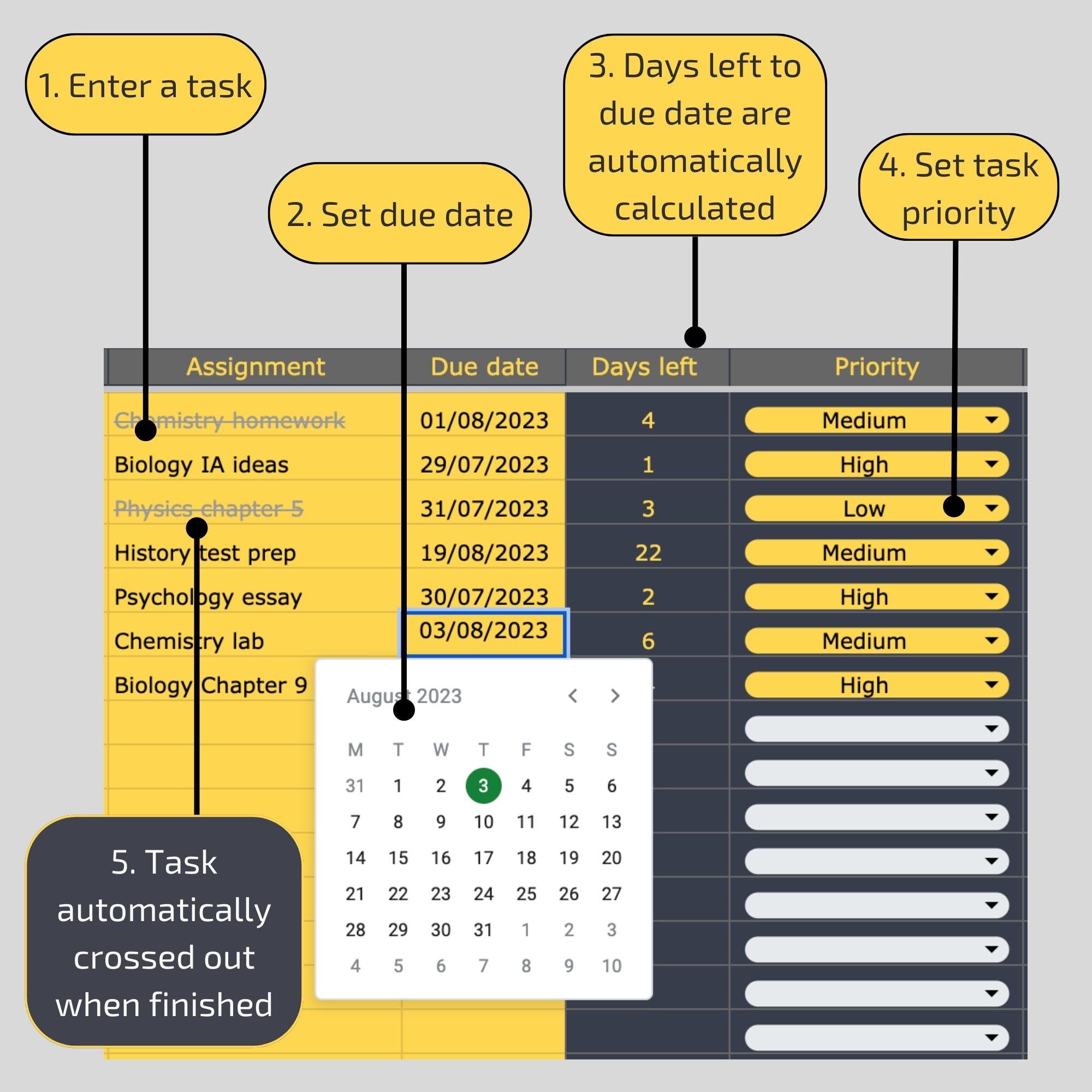 Homework tracker google sheets template digital assignment etsy