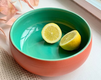 Aquamarine Serving Bowl 20cm,Vibrant Minimal Shallow Bowl in Soft Matt Orange and Turquoise Green Glaze, Dinner Bowl,Handmade Modern Pottery