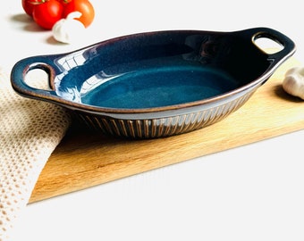 Night Sky Blue Ceramic Baking Dish-600ml Small Oval Oven Safe Bowl with handles, Bake and Serve Stoneware, Baking Gift, Handmade Pottery