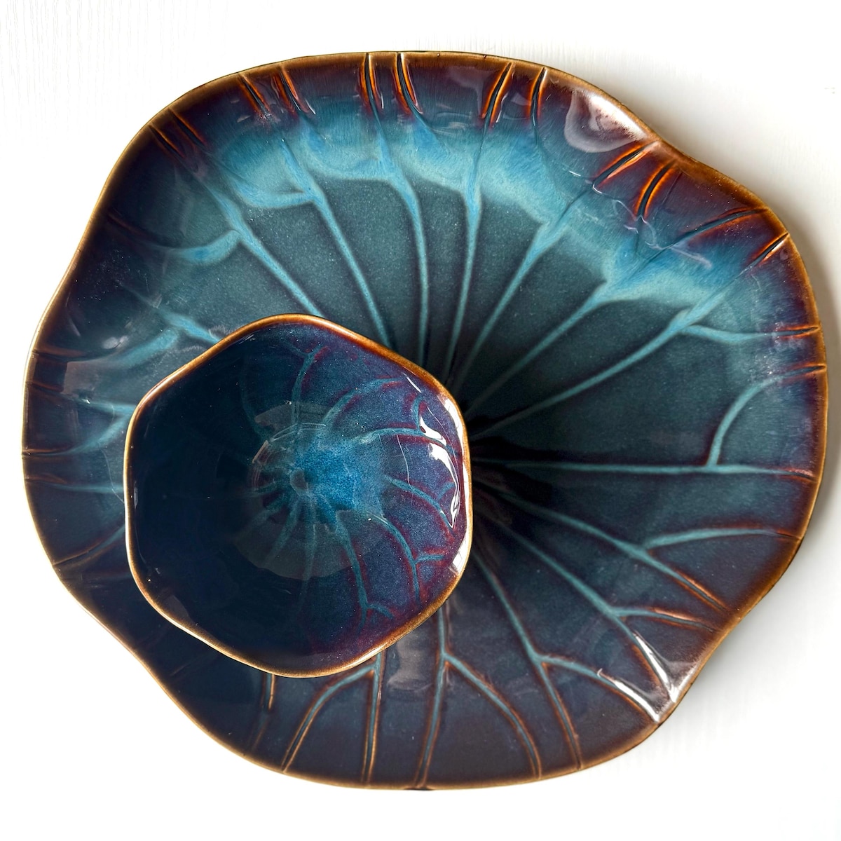 Blue Pottery Lily Pad Platter and Bowl