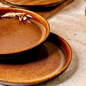 Handmade Earth Yellow Pottery Dinner Plate: Speckled Glaze, High-Rim