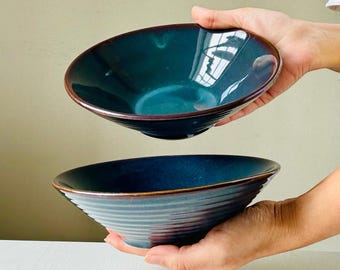 Night Sky Blue Handmade Bowl-7.5&quot; Conical Stoneware Pasta Bowl, All Purpose Breakfast to Dinner Bowl for Cereal/Salad/Stews, Modern Pottery