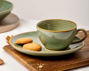 Olive Green Tea Cup & Saucer Set: 250ml Handmade Ceramic Cappuccino Mug and Pottery Gift Set for Tea and Coffee lovers
