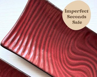 Imperfect Seconds Sale-Rustic Red Long Serving Tray Minimalist Curved Bread Platter Modern Snack Cheese Plate Handmade Pottery Hosting Plate