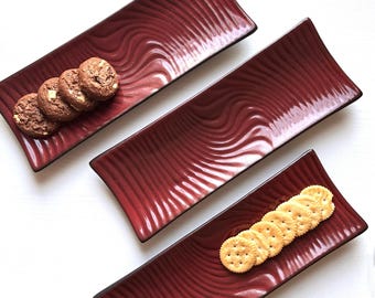 Rustic Red Stoneware Snack Platter: Handmade Long Serving Tray for appetisers & bread