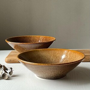 May include: Two brown ceramic bowls with a textured glaze. The bowls are nested together, with the larger bowl on top of the smaller bowl.
