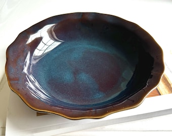 Night Sky Blue Ceramic Fruit Bowl: Handmade Stoneware Shallow Serving Dish (23cm)